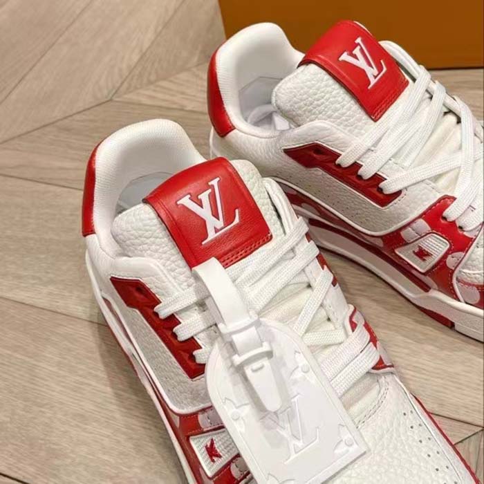 Louis Vuitton Unisex LV Trainer Sneaker Red Calf Leather Rubber Outsole Monogram Flowers