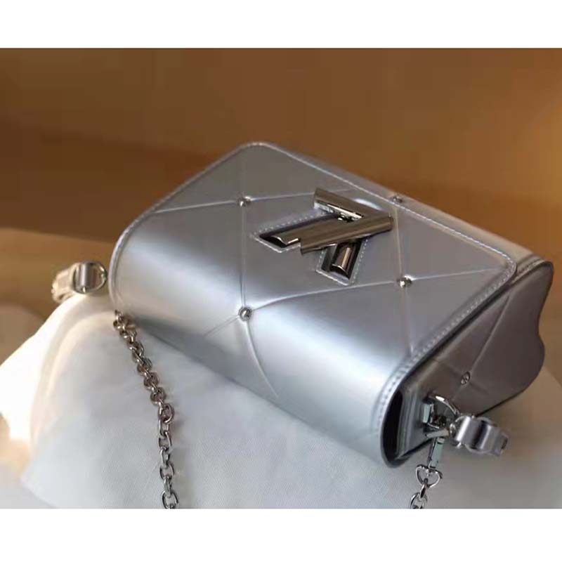 Louis Vuitton LV Women Twist PM Handbag Silver Argent Sheepskin Calfskin Leather