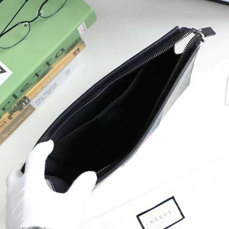 Gucci Unisex GG Black Pouch Black Grey GG Supreme Canvas Blue Red Web