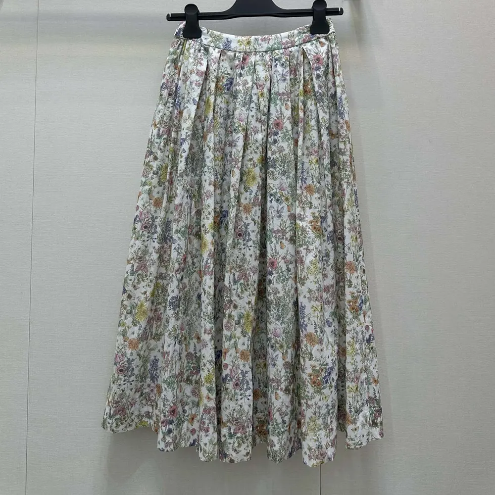 Dior Women Mid-Length Flared Skirt Cotton Muslin with Multicolor Dior Flowers Calendar Allover Motif