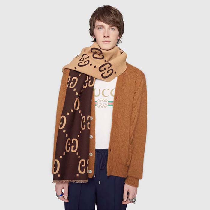Gucci Unisex GG Jacquard Wool Silk Scarf Brown Beige GG Jacquard Wool Silk