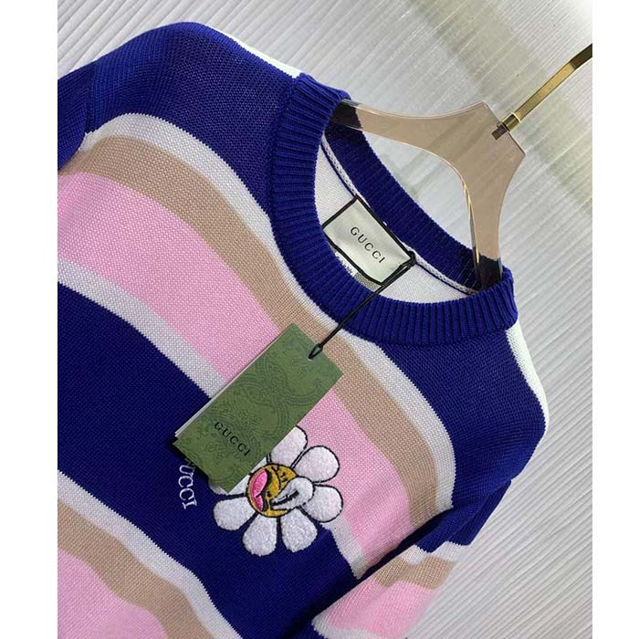 Gucci Women GG Striped Cotton Wool Dress Patch Round Neck