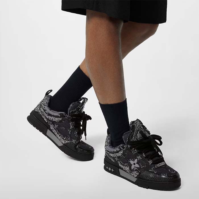 Louis Vuitton Unisex LV Skate Sneaker Black Swarovski Crystals Monogram Denim Double Laces Rubber