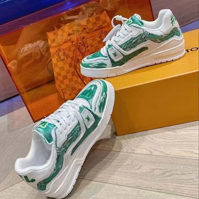 Louis Vuitton Unisex LV Trainer Sneaker Green Printed Calf Leather Rubber Outsole Initials