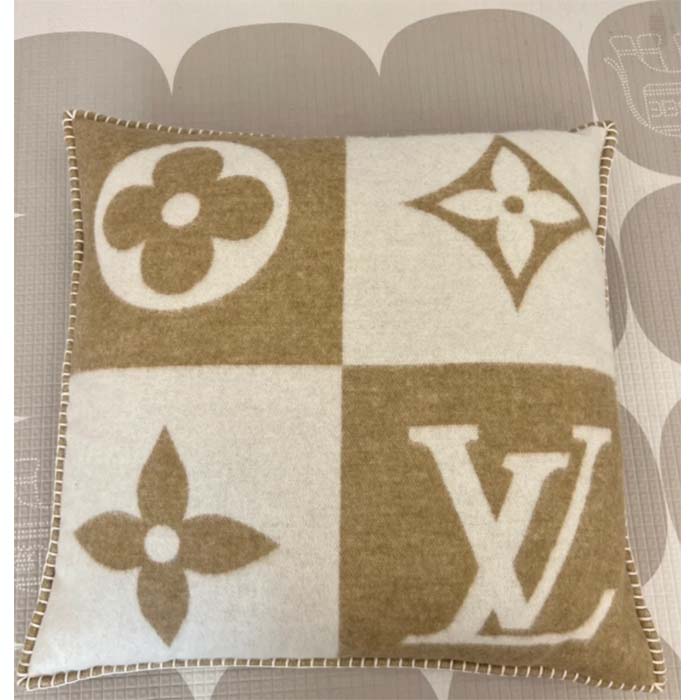 Louis Vuitton Unisex LV Checkmate Cushion Beige Wool Cashmere Jacquard Weave Monogram Flowers M77864