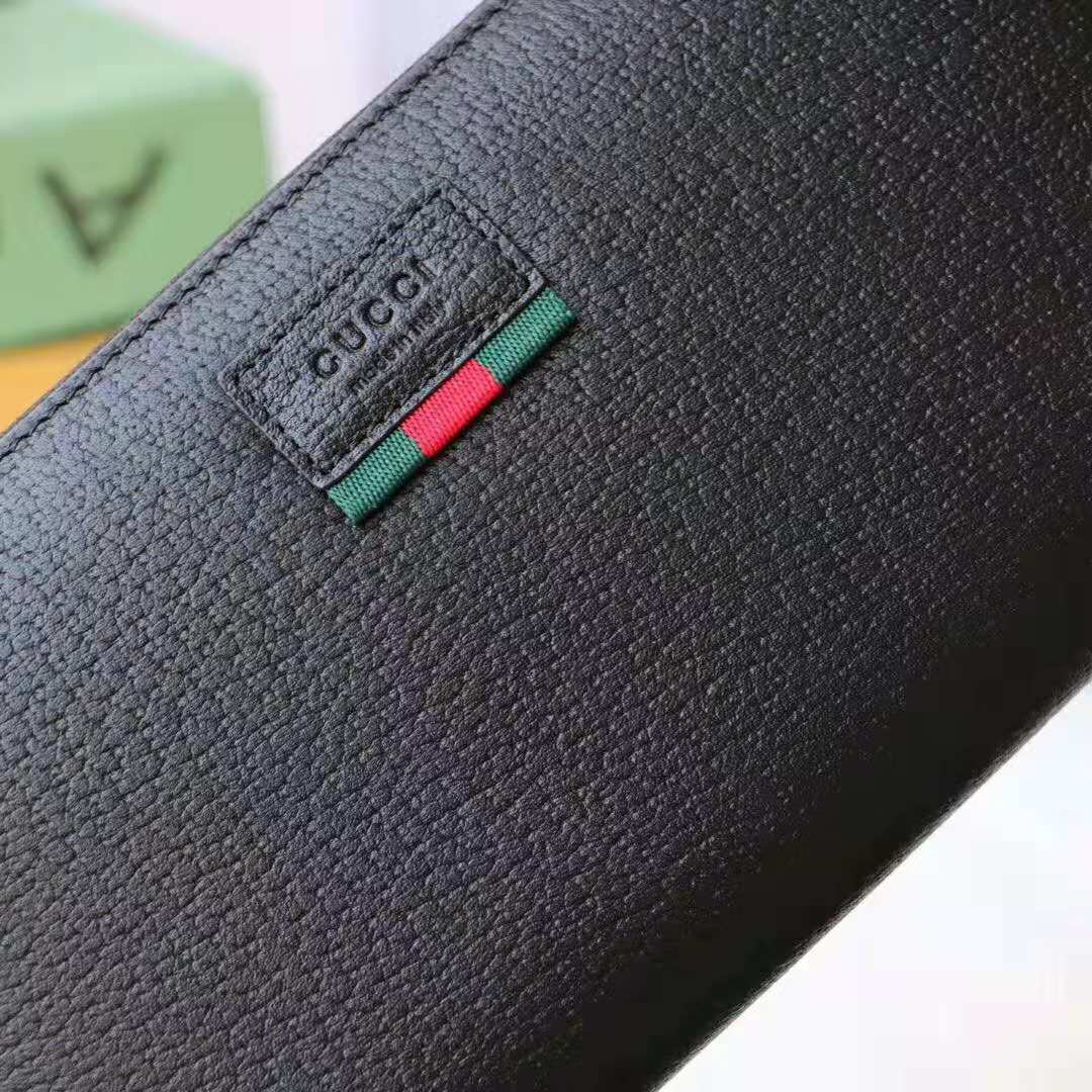 Gucci GG Unisex Leather Zip Around Wallet with Web in Black Leather