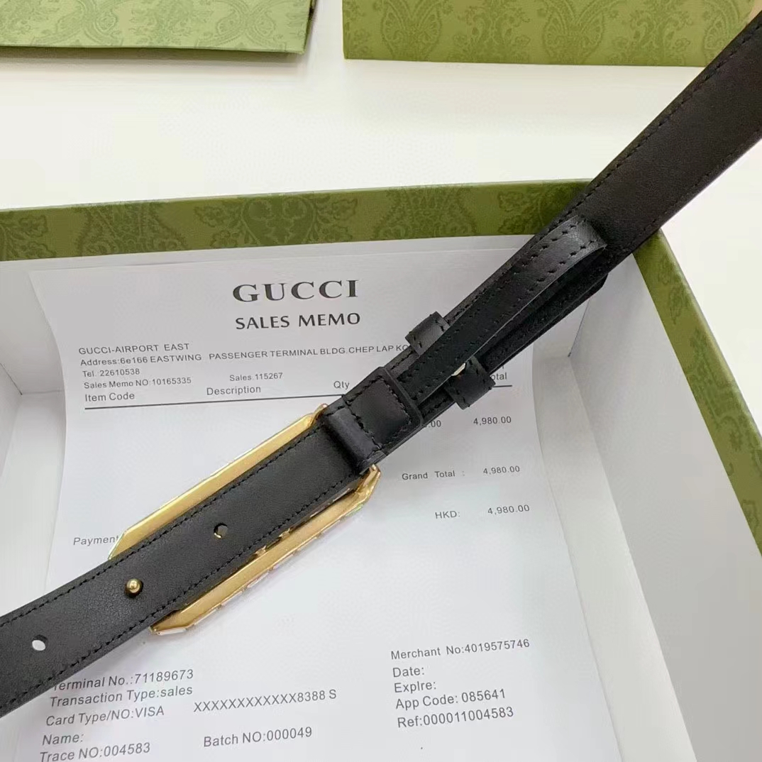 Gucci Unisex GG Thin Belt Crystal Double G Buckle Black Leather 2 CM Width