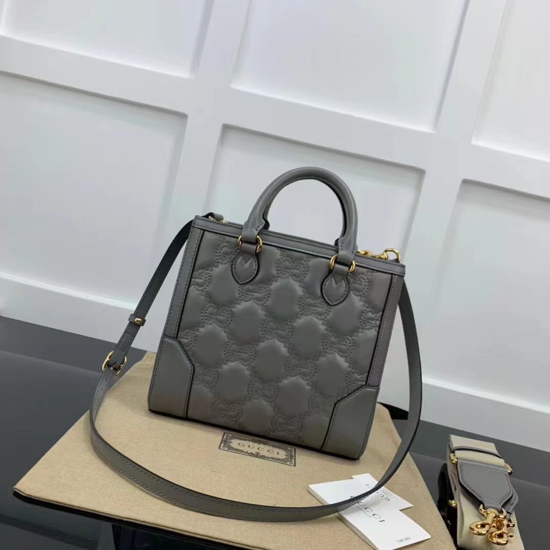 Gucci Women GG Matelassé Mini Top Handle Bag Dusty Grey Leather Double G
