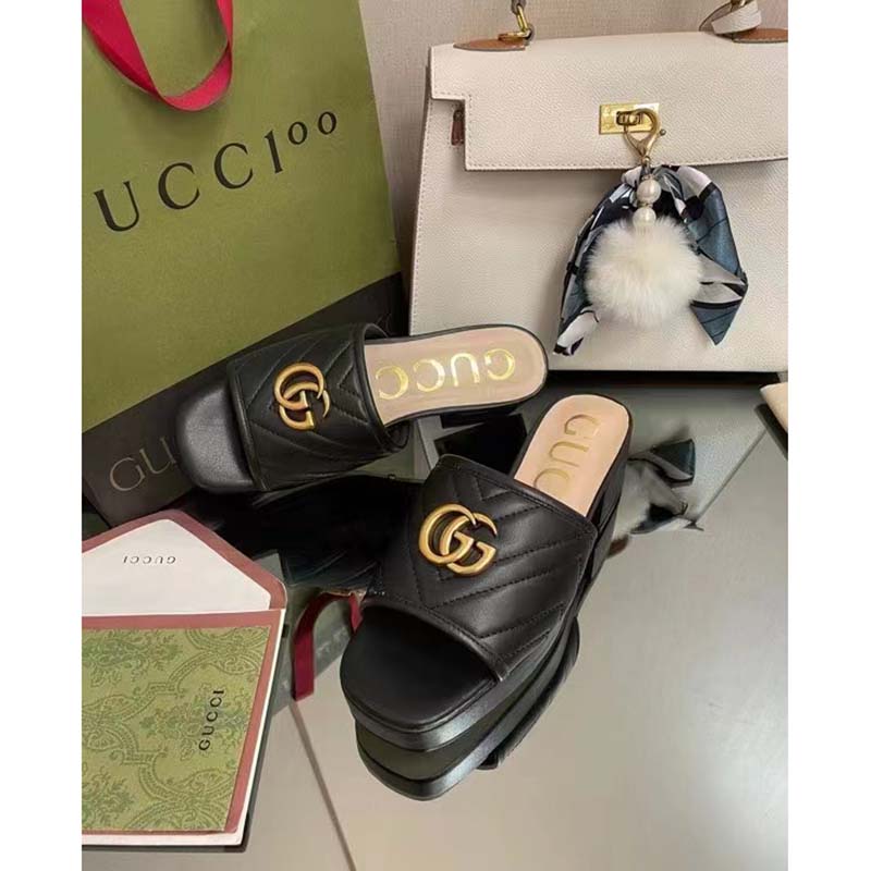Gucci Women Double G Slide Sandal Black Chevron Matelassé Leather Mid-Heel