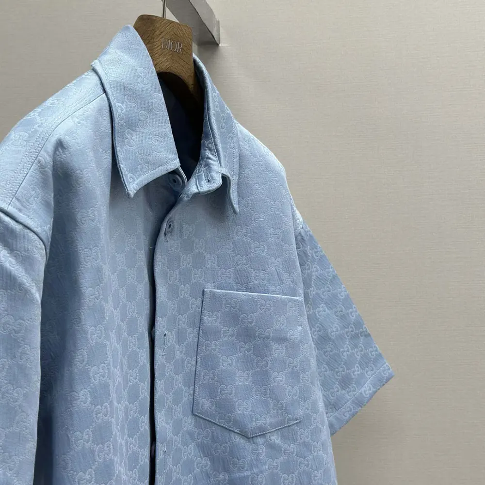 Gucci Men Oversize GG Cotton Shirt Light Blue GG Cotton Jacquard
