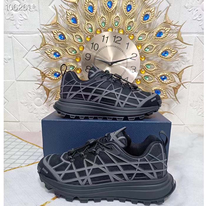 Dior Unisex Shoes CD B31 Runner Sneaker Black Technical Mesh Gray Rubber Warped Cannage