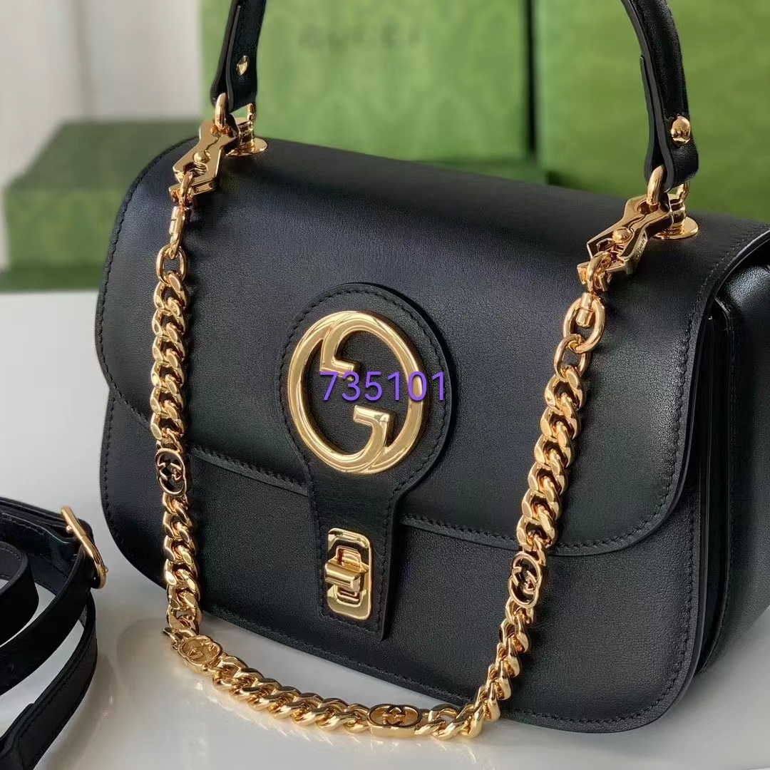 Gucci Women GG Blondie Small Top Handle Bag Black Leather Round Interlocking G