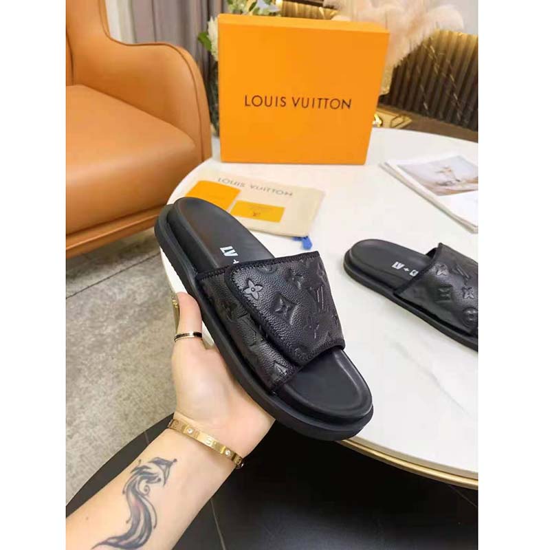 Louis Vuitton LV Unisex LV x NBA Miami Mule Black Monogram Embossed Grained Calf Leather