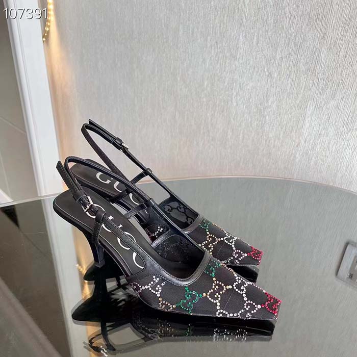 Gucci Women GG Slingback Pump Black GG Crystal Mesh Leather Mid 7.6 cm Heel