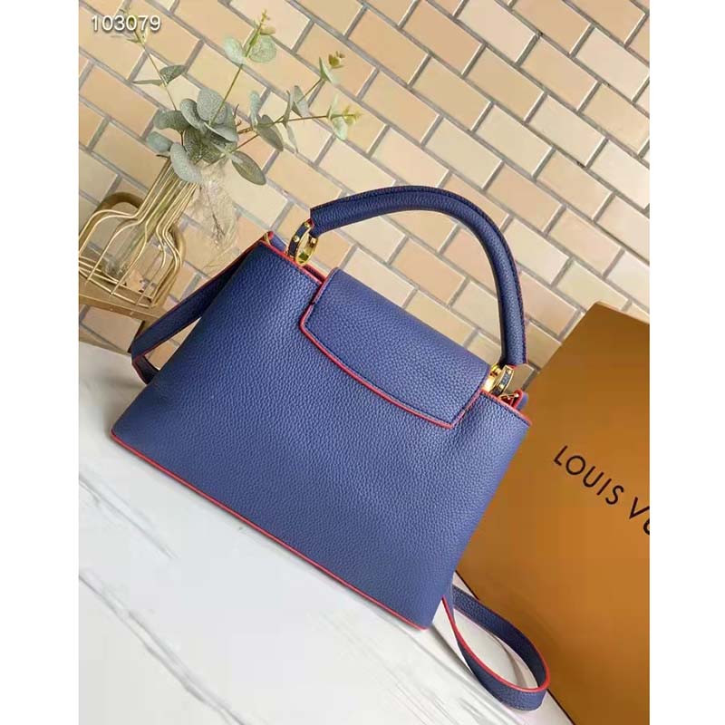Louis Vuitton LV Women Capucines MM Handbag Navy Blue Red Taurillon Leather