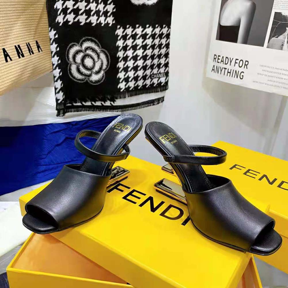 Fendi Women First Black Leather High-Heeled Sandals