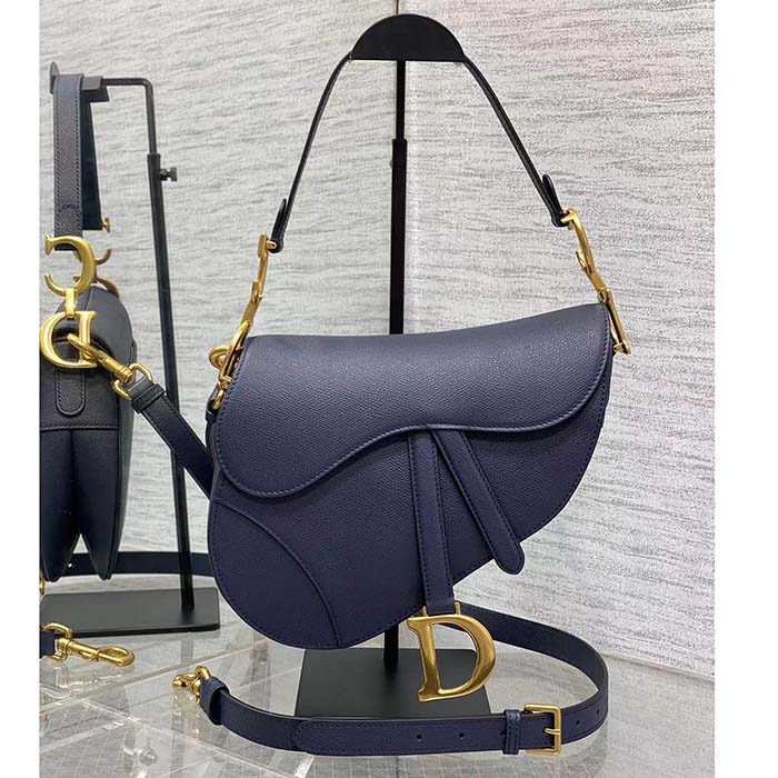 Dior Women Saddle Bag Strap Indigo Blue Grained Calfskin CD Signature Interior Back Pocket