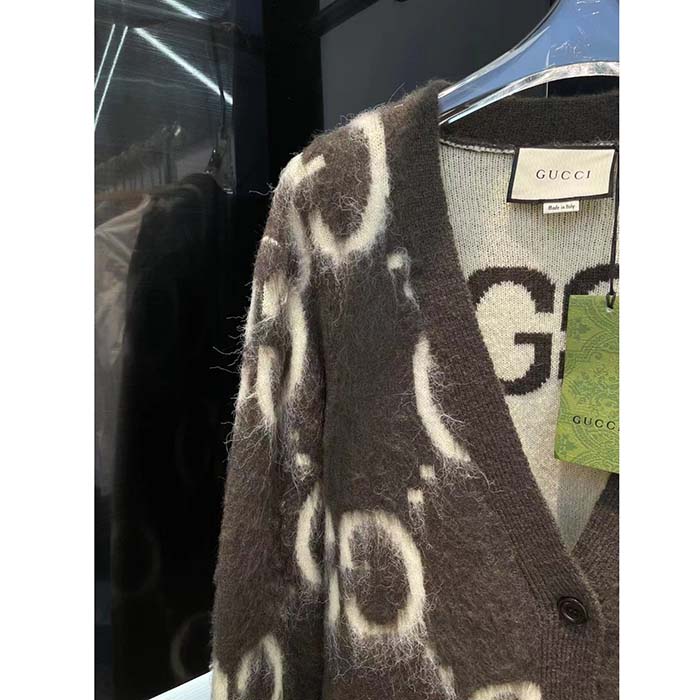 Gucci Women Reversible GG Mohair Wool Cardigan Brushed GG Jacquard Blend V-Neck Front Pockets