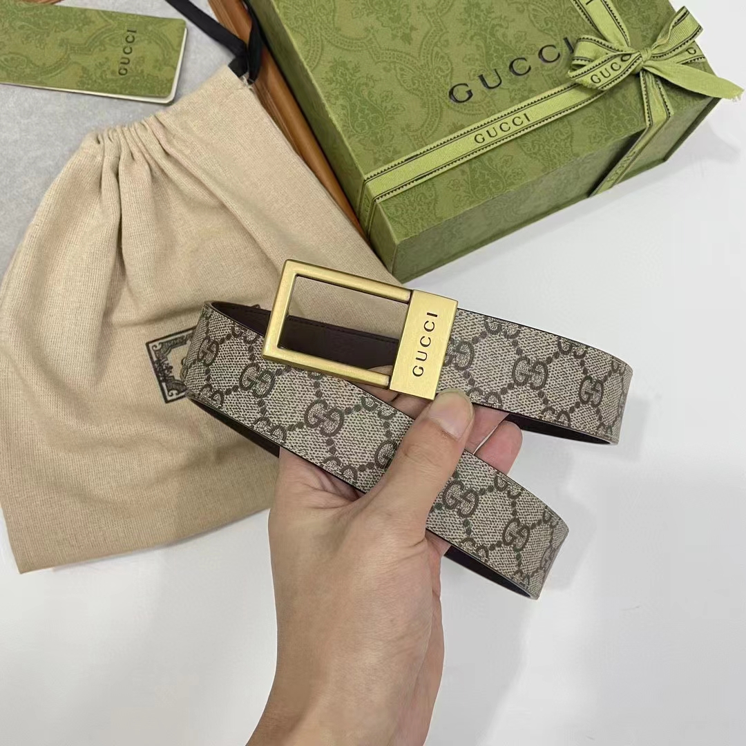 Gucci Unisex Belt Rectangular Buckle Beige Ebony GG Supreme Canvas 3.6 CM Width