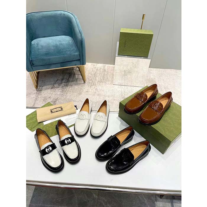 Gucci Unisex GG Interlocking G Loafer Black White Leather Sole Flat 1.5 CM Heel