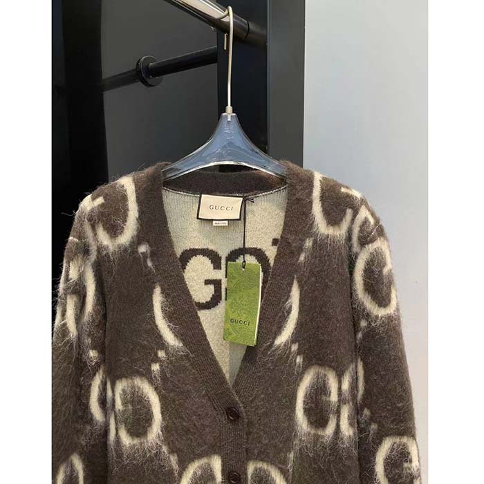 Gucci Women Reversible GG Mohair Wool Cardigan Brushed GG Jacquard Blend V-Neck Front Pockets