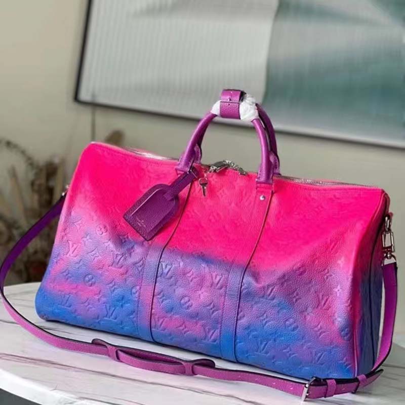 Louis Vuitton LV Unisex Keepall 50B Blue Pink Taurillon Cowhide Leather