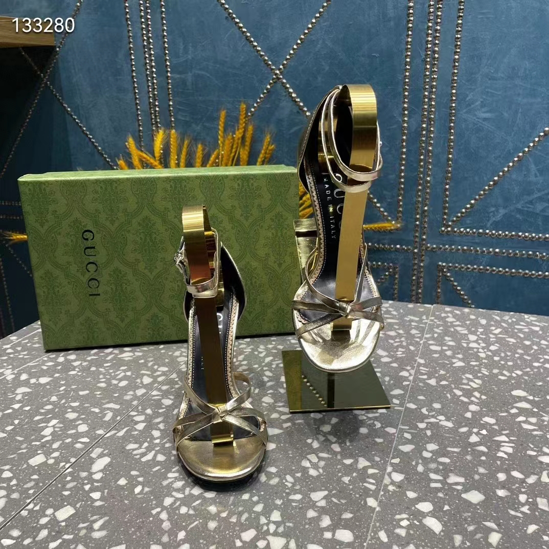 Gucci Women GG Strappy Sandal Double G Metallic Platinum Leather Crystal High 11 CM Heel