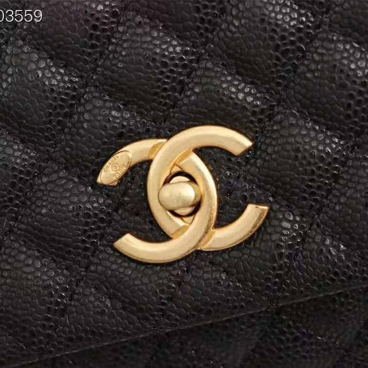 Chanel Women Large Flap Bag with Top Handle in Grained Calfskin Leather-Black