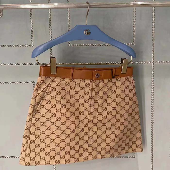 Gucci Women GG Canvas Skirt Camel Ebony Brown Leather Unlined Fitted Waistband Belt Loops