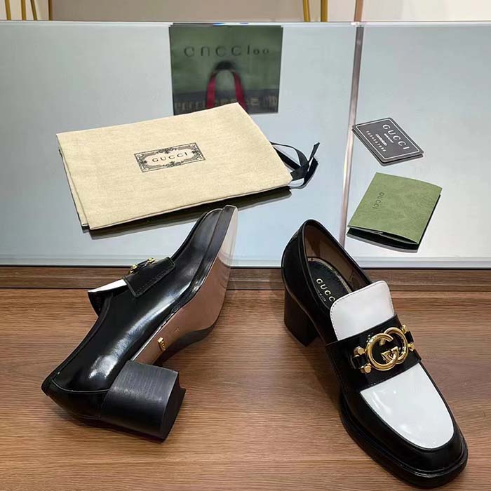 Gucci Women GG Loafer Interlocking G Black White Leather Mid 6 Cm Heel
