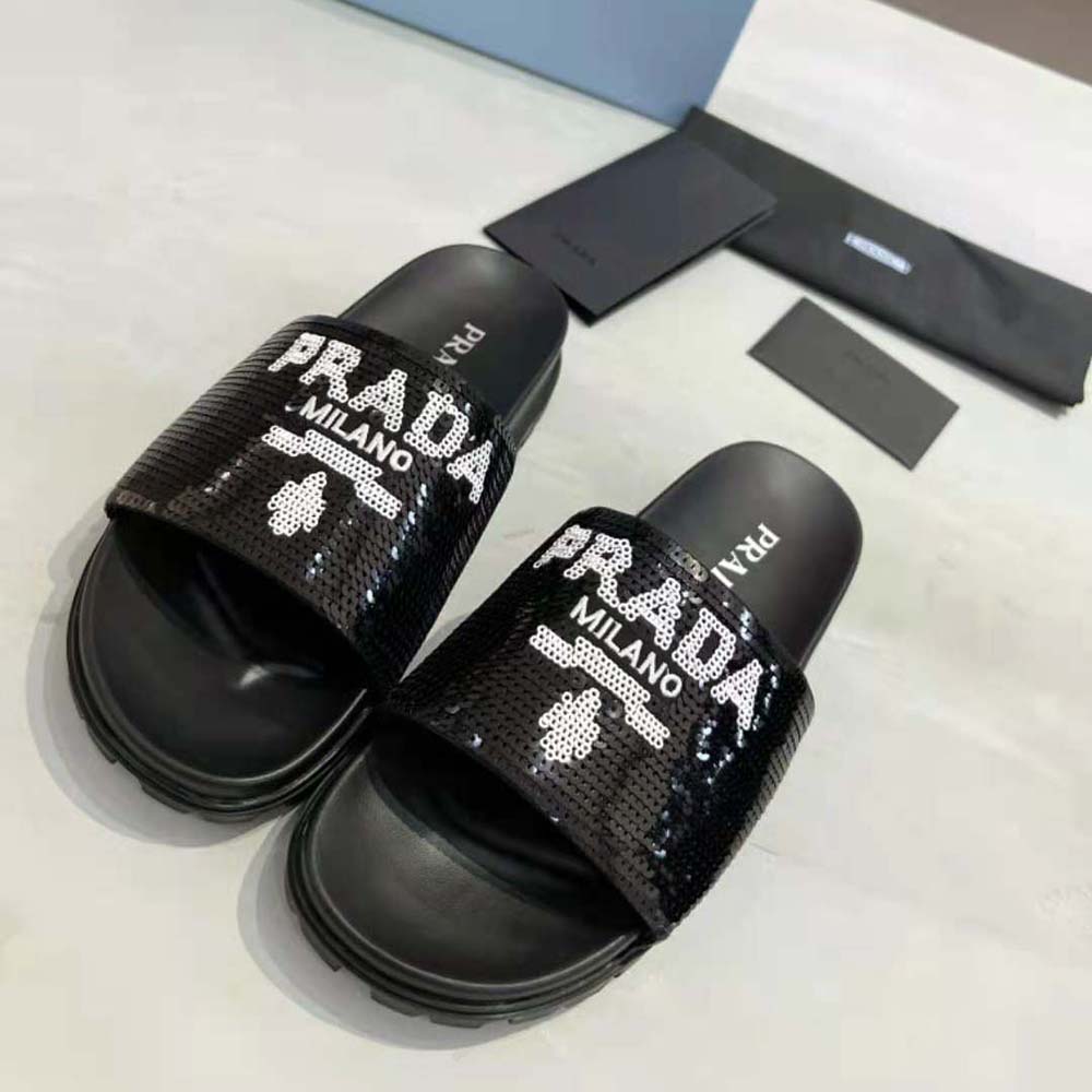 Prada Women Sequin Slides with Rubber Lug Sole are Covered All Over with Embroidered Sequins