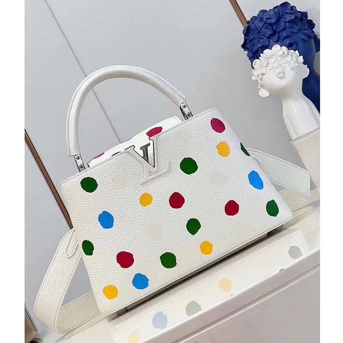 Louis Vuitton Women LV x YK Capucines BB White Taurillon Bull Calf Leather 3D Painted Dots