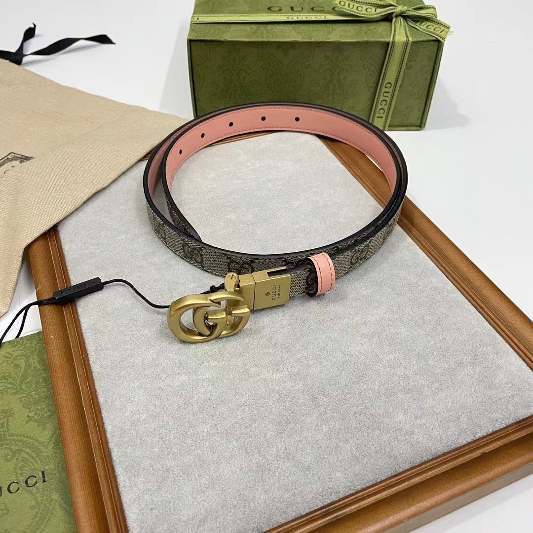 Gucci Unisex Marmont Reversible Thin Belt Beige Ebony GG Supreme Canvas