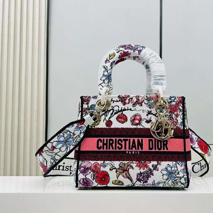 Dior Women CD Medium Lady D-Lite Bag White Multicolor Florilegio Embroidery