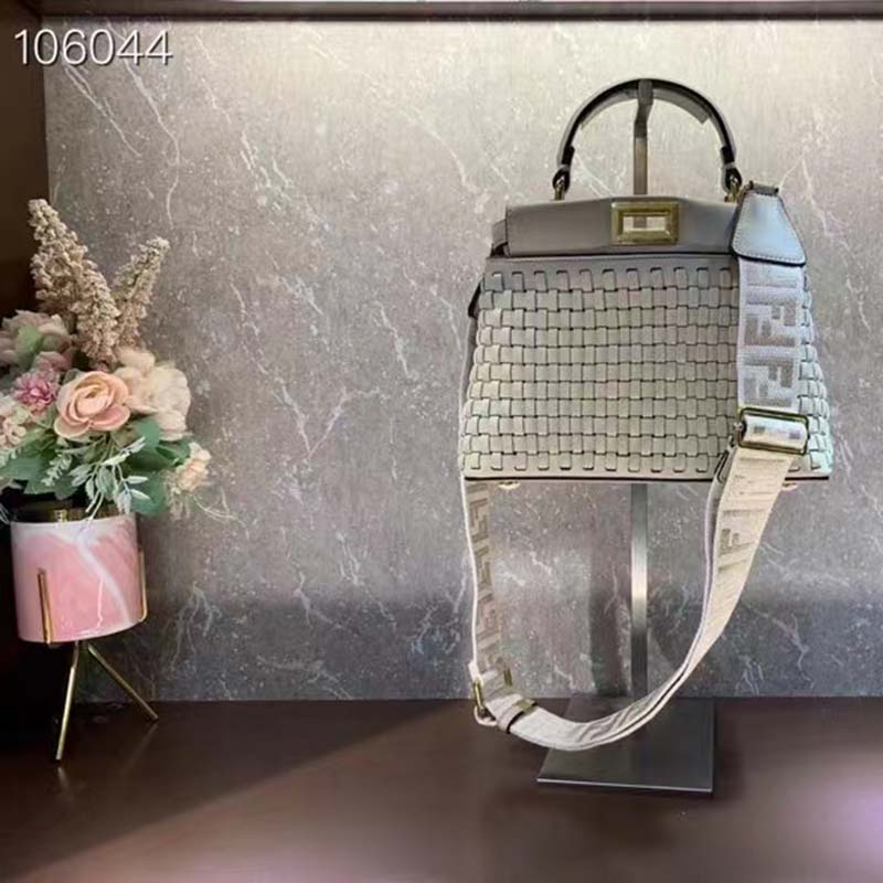 Fendi FF Women Peekaboo Mini Bag Beige Braided Calfskin Leather Bag