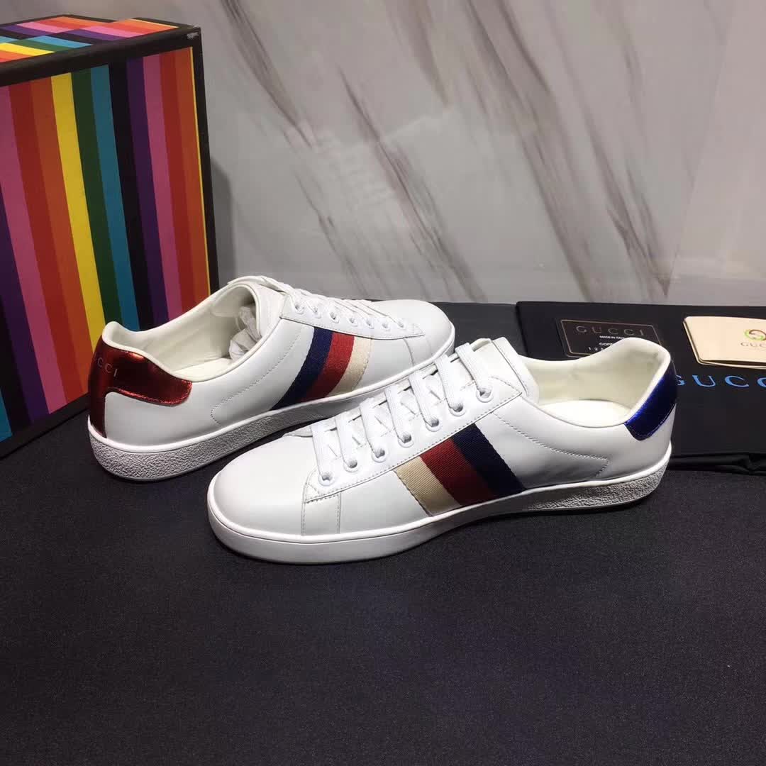 Gucci Men Ace Embroidered Sneaker Shoes in Leather with Sylvie Web-White