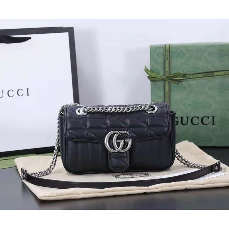 Gucci Women GG Marmont Small Shoulder Bag Black Matelassé Double G