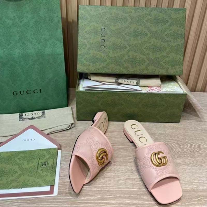 Gucci Women GG Matelassé Slide Sandal Beige Double G Square Toe Flat