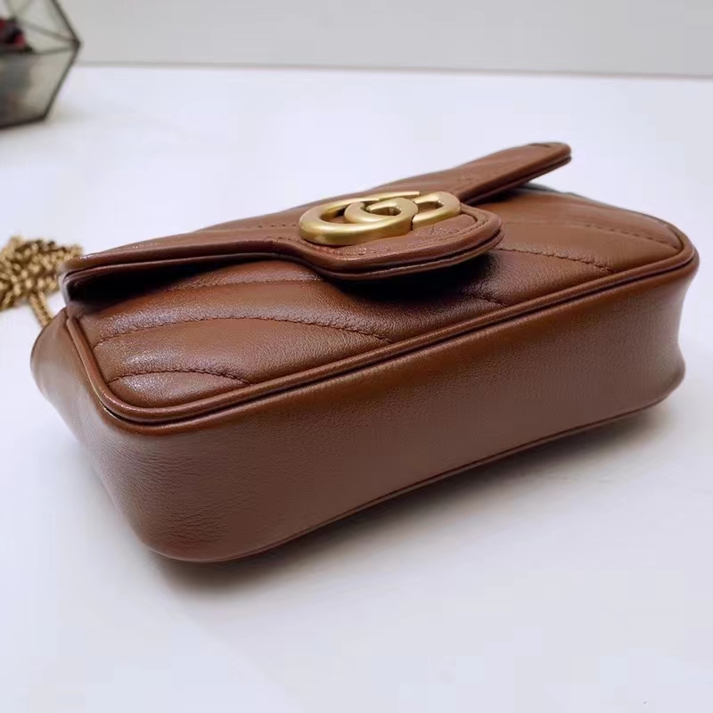 Gucci Women GG Marmont Matelassé Super Mini Bag Brown Leather Double G