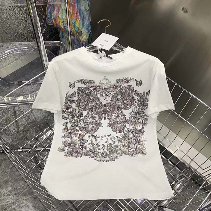 Dior Men CD T-Shirt White Cotton Linen Jersey Pastel Pink Butterfly Around The World Motif