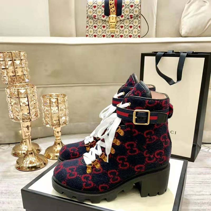 Gucci Women Gucci Zumi GG Wool Ankle Boot in Blue and Red GG Wool