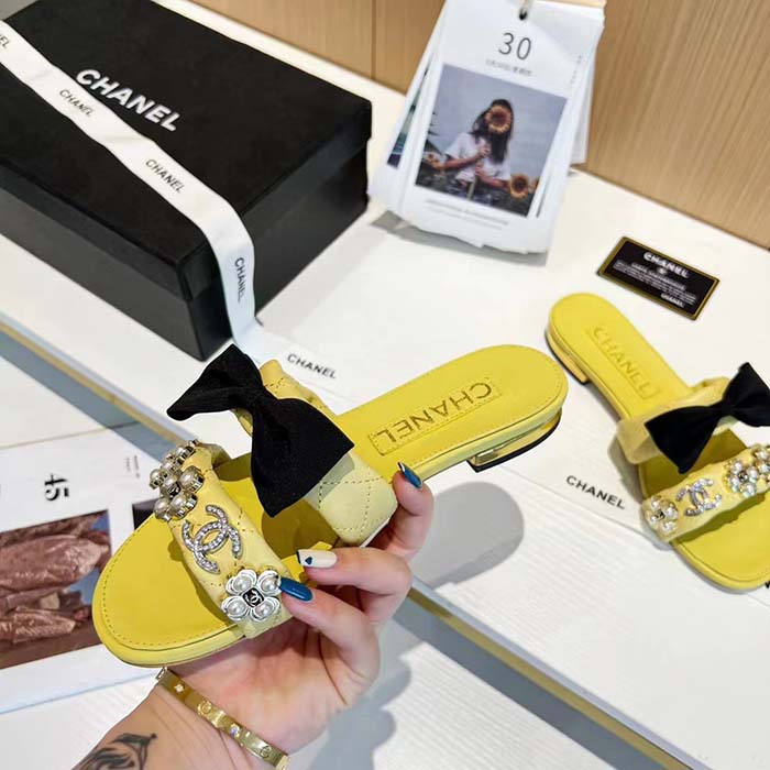 Chanel Women Mules Lambskin Yellow Black 1.5 Cm Heel