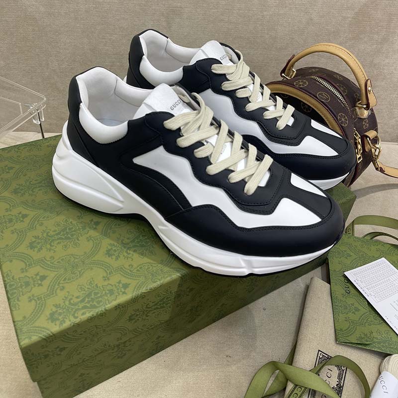 Gucci Unisex GG Rhyton Sneaker Black White Leather Rubber Sole 5 Cm Low Heel