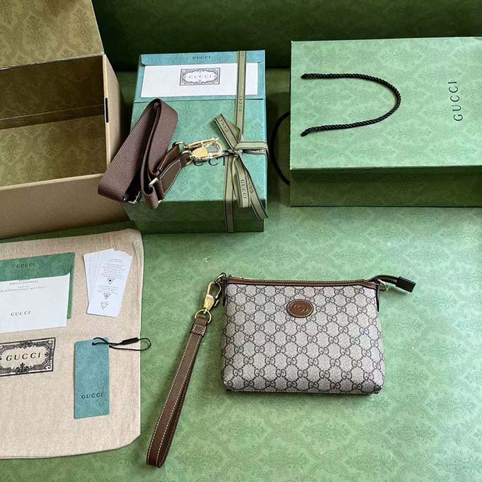 Gucci Unisex Messenger Bag Interlocking G Brown Leather Beige Ebony GG Supreme Canvas