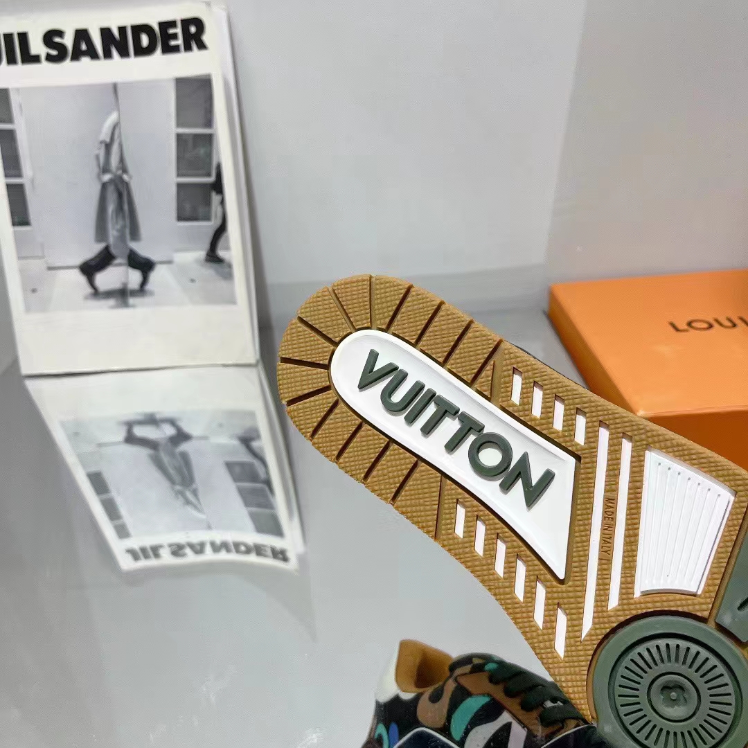 Louis Vuitton Unisex LV x YK LV Trainer Sneaker Khaki Green Camouflage-Printed Canvas Grained Calf