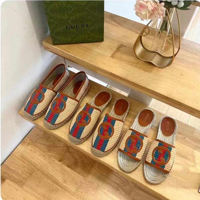 Gucci Unisex GG Interlocking G Espadrilles Natural Raffia Brown Leather Round Toe Flat