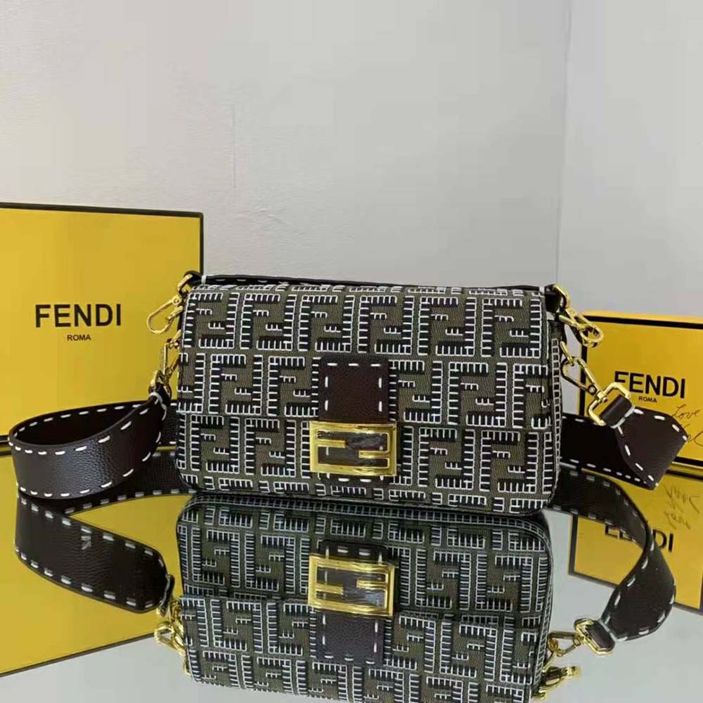 Fendi Women Baguette Embroidered FF Fabric Bag