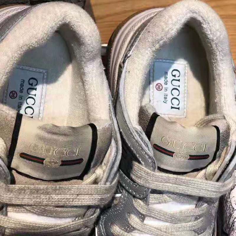 Gucci Unisex Ultrapace Sneaker with Embroidered Gucci and Interlocking G in Metallic Leather-Silver