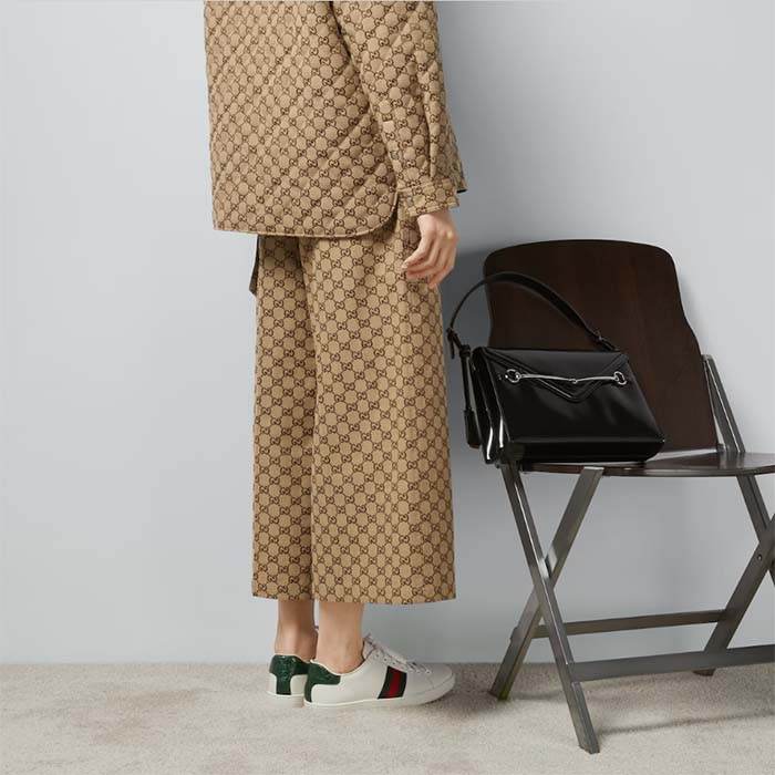 Gucci Women GG Canvas Print Camel Ebony Belt Loops Wide Leg Cropped Length