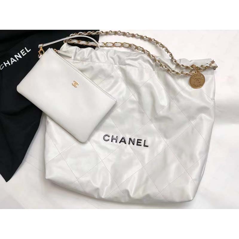 Chanel Women 22 Large Handbag Calfskin Gold-Tone Lacquered Metal White